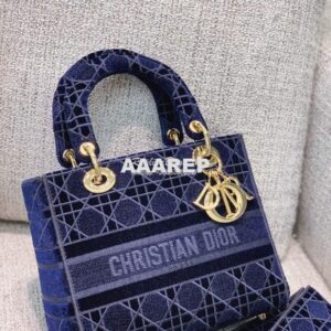 Replica Dior Medium Lady D-lite Bag Blue Cannage Embroidered Velvet M0 2