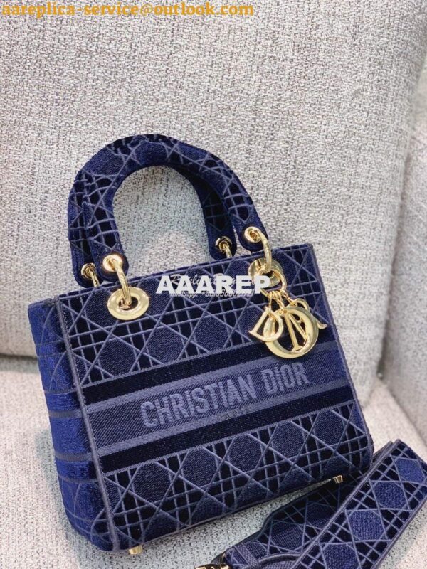 Replica Dior Medium Lady D-lite Bag Blue Cannage Embroidered Velvet M0 4