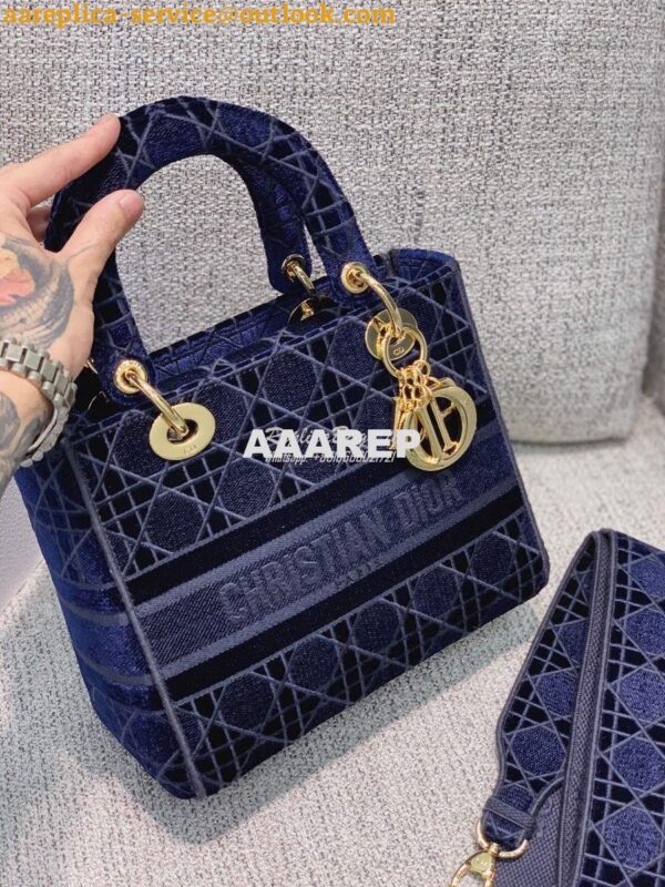 Replica Dior Medium Lady D-lite Bag Blue Cannage Embroidered Velvet M0 5