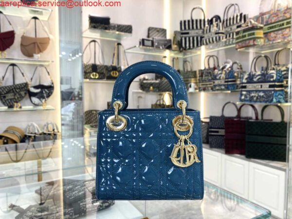 Replica Dior M0505 Mini Lady Dior Bag Navy Blue Patent Cannage Calfskin 10