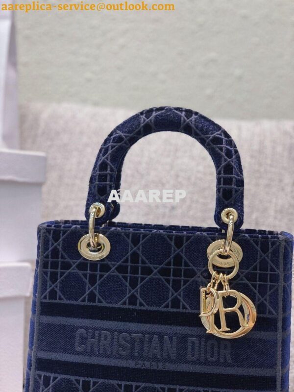 Replica Dior Medium Lady D-lite Bag Blue Cannage Embroidered Velvet M0 9