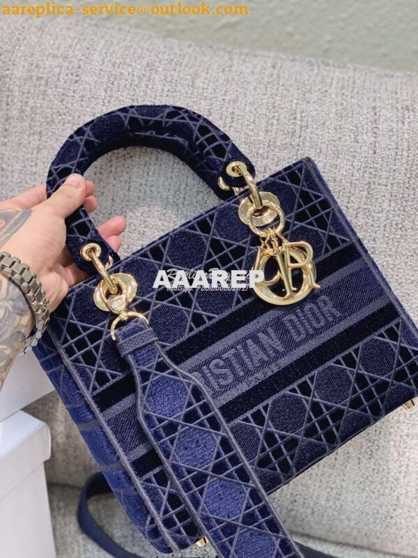 Replica Dior Medium Lady D-lite Bag Blue Cannage Embroidered Velvet M0 11