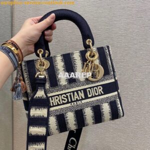 Replica Dior Medium Lady D-lite Bag Blue D-Stripes Embroidery