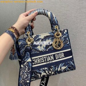 Replica Dior Medium Lady D-Lite Bag Blue Palms Embroidery