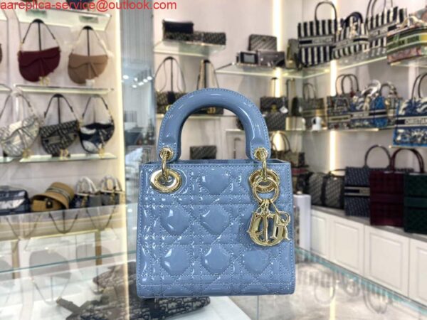 Replica Dior M0505 Mini Lady Dior Bag Sky Blue Patent Cannage Calfskin 10