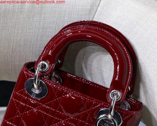 Replica Dior M0505 Mini Lady Dior Bag Wine Red Patent Cannage Calfskin Silver 4