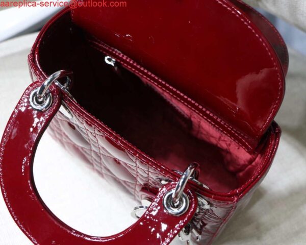 Replica Dior M0505 Mini Lady Dior Bag Wine Red Patent Cannage Calfskin Silver 10