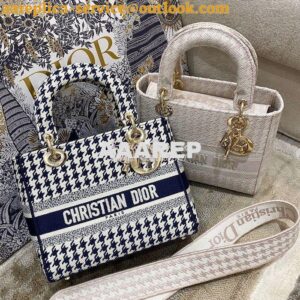 Replica Dior Medium Lady D-Lite Bag Blue White Houndstooth Embroidery