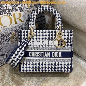 Replica Dior Medium Lady D-Lite Bag Blue White Houndstooth Embroidery 2