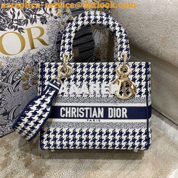 Replica Dior Medium Lady D-Lite Bag Blue White Houndstooth Embroidery 4