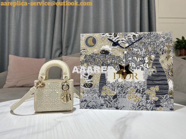 Replica Dior Micro Lady Dior Bag Beige Canvas Embroidered with Metalli 4