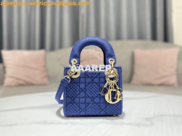 Replica Dior Micro Lady Dior Bag Blue Metallic Canvas Embroidered with 3