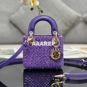 Replica Dior Micro Lady Dior Bag Purple Calfskin Embroidered with Stra