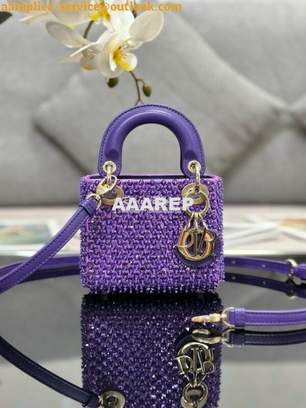 Replica Dior Micro Lady Dior Bag Purple Calfskin Embroidered with Stra 3