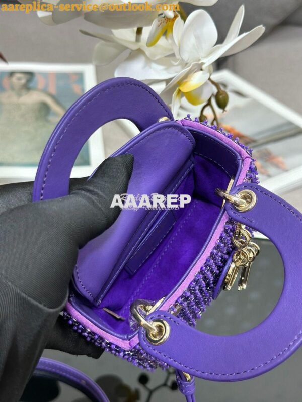 Replica Dior Micro Lady Dior Bag Purple Calfskin Embroidered with Stra 9