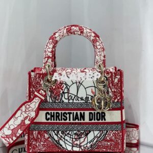 Replica Dior Medium Lady D-Lite Bag Red and White D-Royaume d'Amour Em