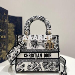 Replica Dior Medium Lady D-Lite Bag White and Black Plan de Paris Embr