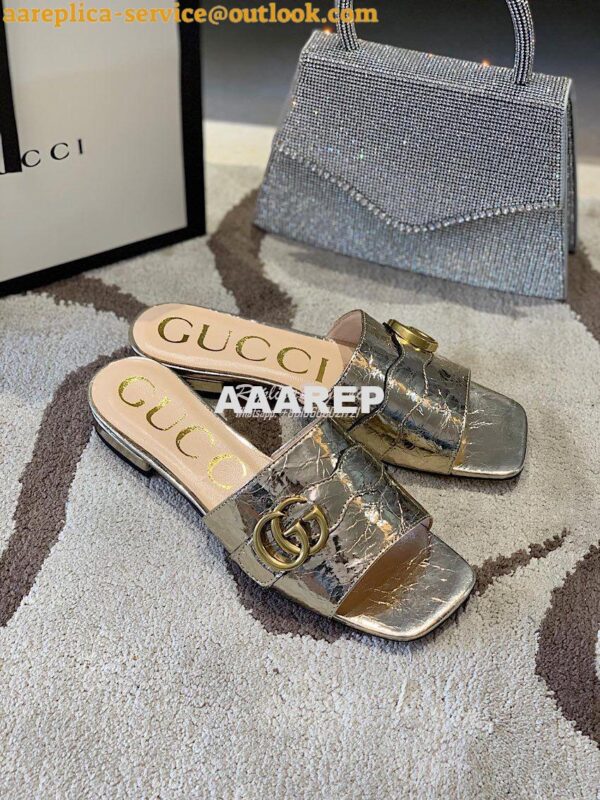 Replica Gucci Women's Slide With Double G 626742 Gold Metallic Laminat 4