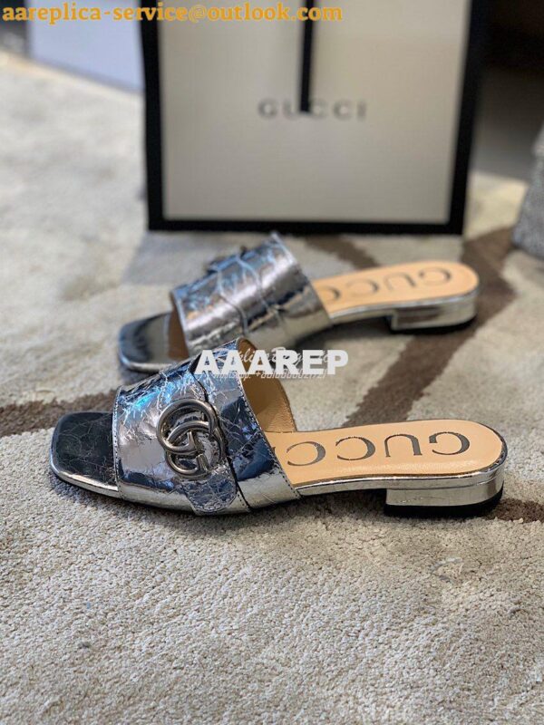 Replica Gucci Women's Slide With Double G 626742 Silver Metallic Lamin 2