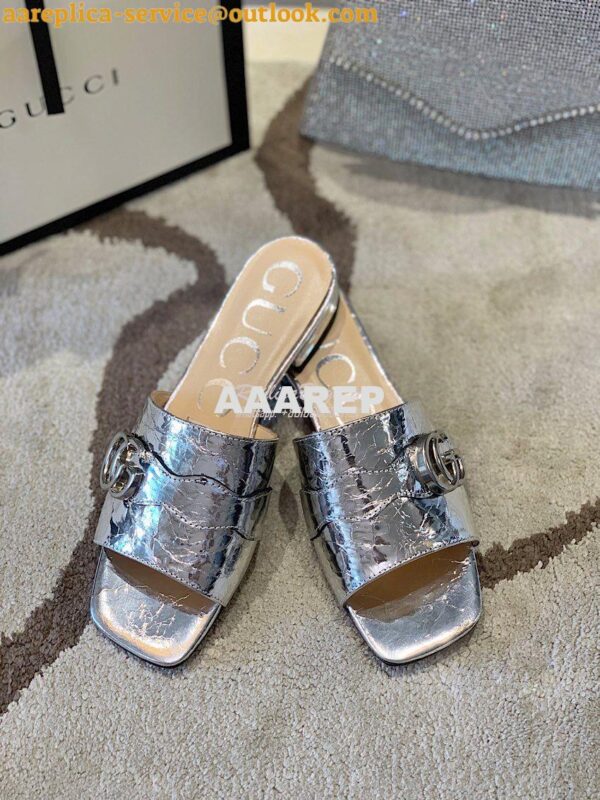 Replica Gucci Women's Slide With Double G 626742 Silver Metallic Lamin 3