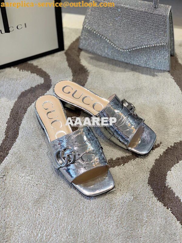 Replica Gucci Women's Slide With Double G 626742 Silver Metallic Lamin 4