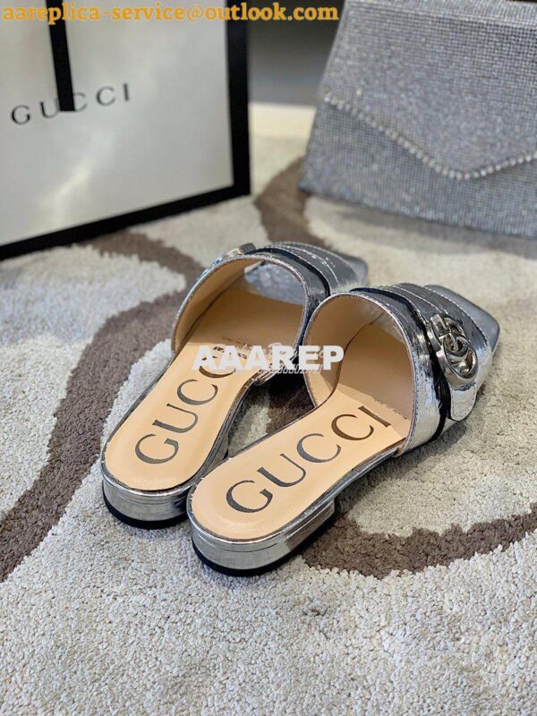 Replica Gucci Women's Slide With Double G 626742 Silver Metallic Lamin 5