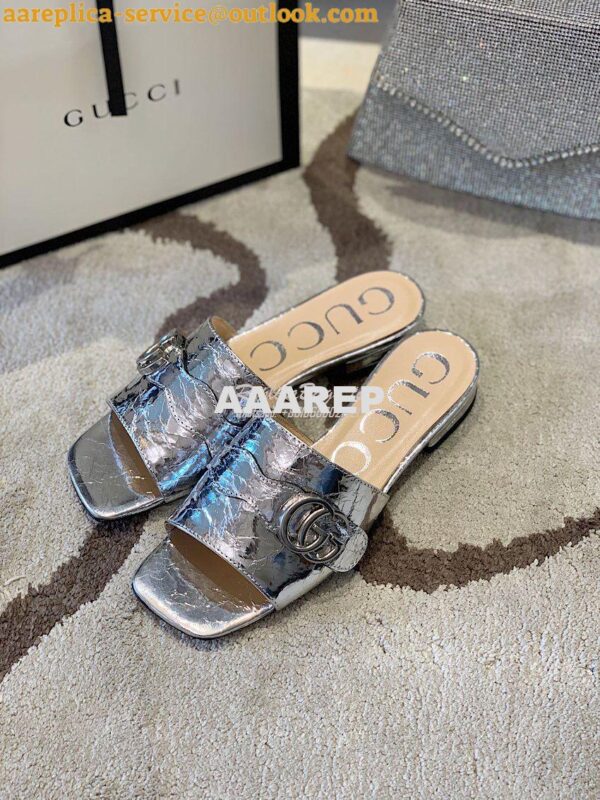 Replica Gucci Women's Slide With Double G 626742 Silver Metallic Lamin 6