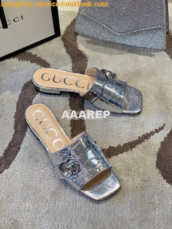 Replica Gucci Women's Slide With Double G 626742 Silver Metallic Lamin 7