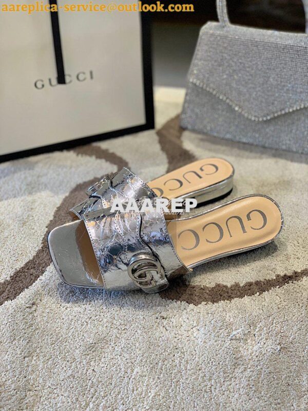 Replica Gucci Women's Slide With Double G 626742 Silver Metallic Lamin 8