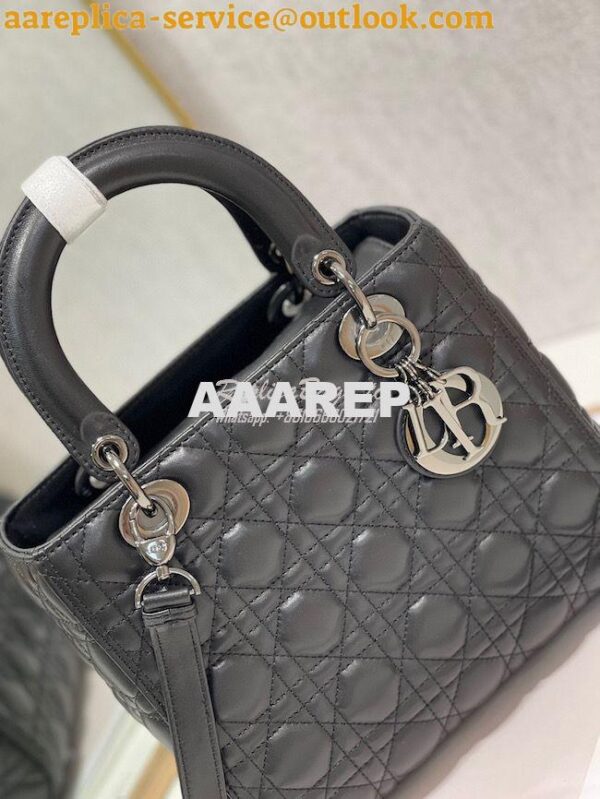 Replica Dior Medium Lady Dior Black Lambskin Cannage with Ruthenium-Fi 6