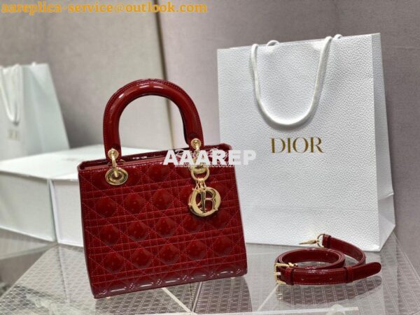 Replica Dior Medium Lady Dior Flap Cover Patent Calfskin Bag M0565 Red 3