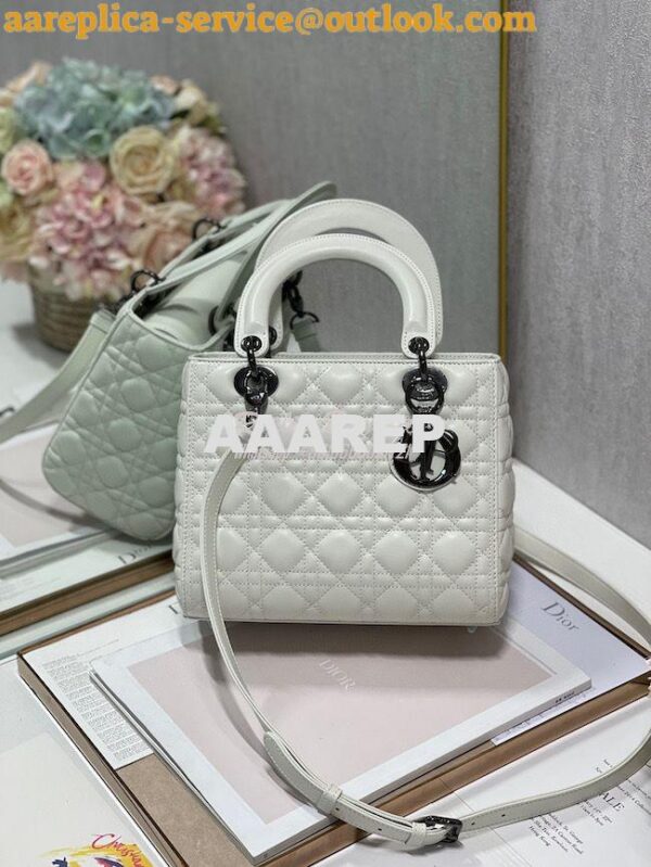 Replica Dior Medium Lady Dior Latte Lambskin Cannage with Ruthenium-Fi 4