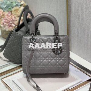 Replica Dior Medium Lady Dior Steel Grey Lambskin Cannage with Rutheni