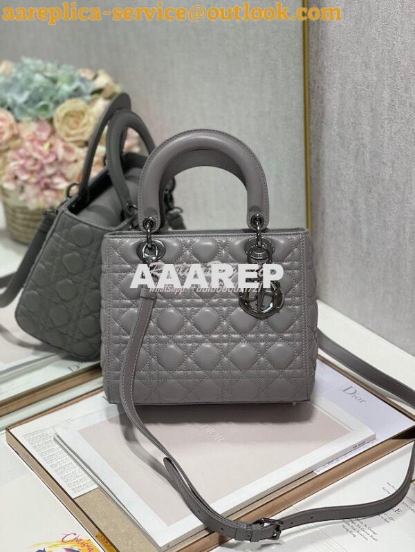 Replica Dior Medium Lady Dior Steel Grey Lambskin Cannage with Rutheni 3