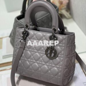 Replica Dior Medium Lady Dior Steel Grey Lambskin Cannage with Rutheni 2