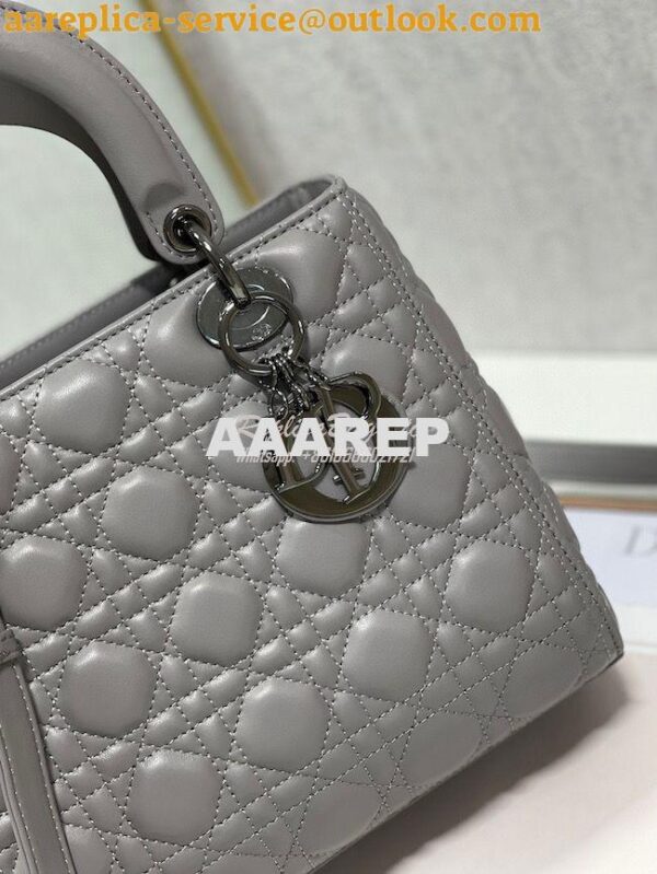 Replica Dior Medium Lady Dior Steel Grey Lambskin Cannage with Rutheni 6