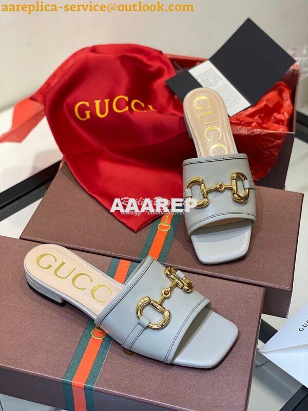 Replica Gucci Women's Leather Slide Sandal w Horsebit 623111 Grey 8