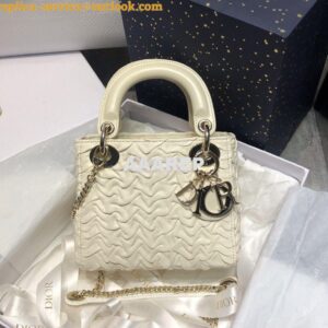 Replica Dior Mini Chalk White Lady Dior Wavy Shiny Crinkled Lambskin B