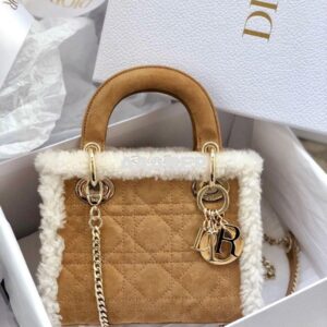 Replica Dior Mini Lady Dior Bag Camel-Colored Shearling M0505C 2