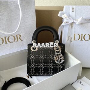 Replica Dior Mini Lady Dior Bag In Black "Cannage" Satin With Rhinesto