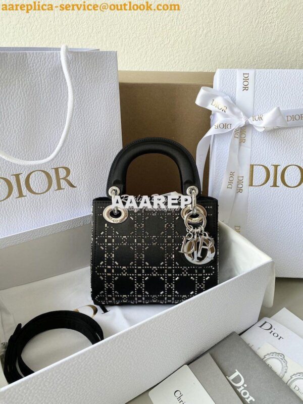 Replica Dior Mini Lady Dior Bag In Black "Cannage" Satin With Rhinesto 3