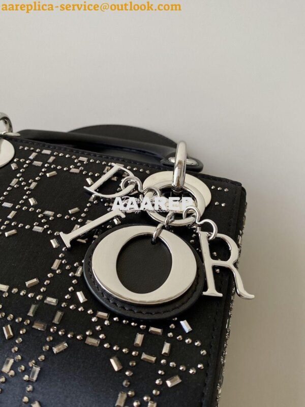 Replica Dior Mini Lady Dior Bag In Black "Cannage" Satin With Rhinesto 5