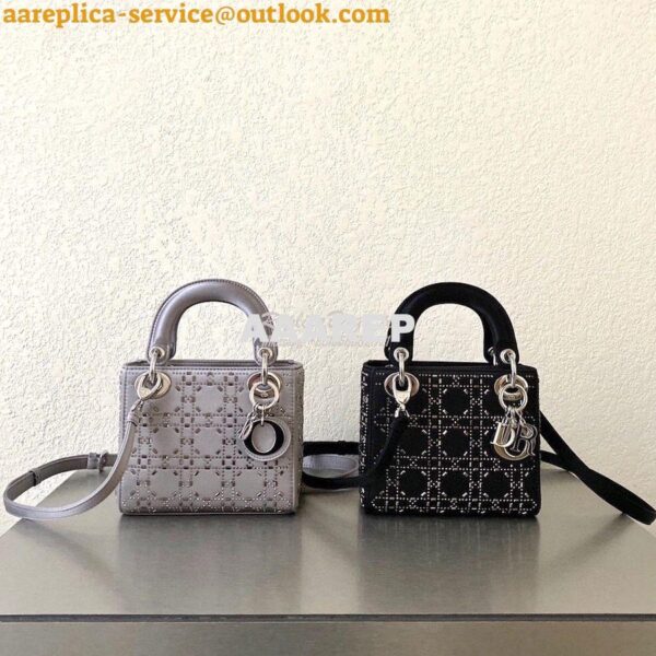 Replica Dior Mini Lady Dior Bag In Silver "Cannage" Satin With Rhinest 3