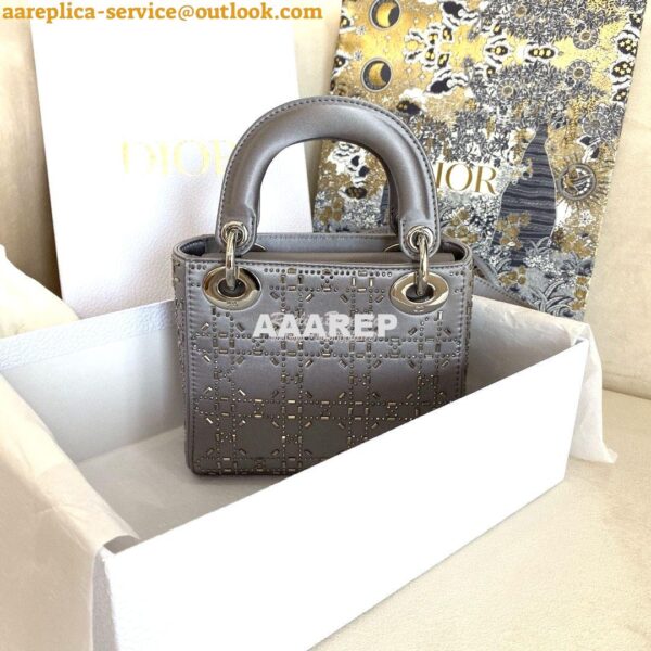 Replica Dior Mini Lady Dior Bag In Silver "Cannage" Satin With Rhinest 5