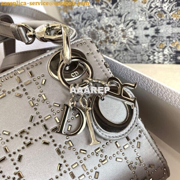 Replica Dior Mini Lady Dior Bag In Silver "Cannage" Satin With Rhinest 6