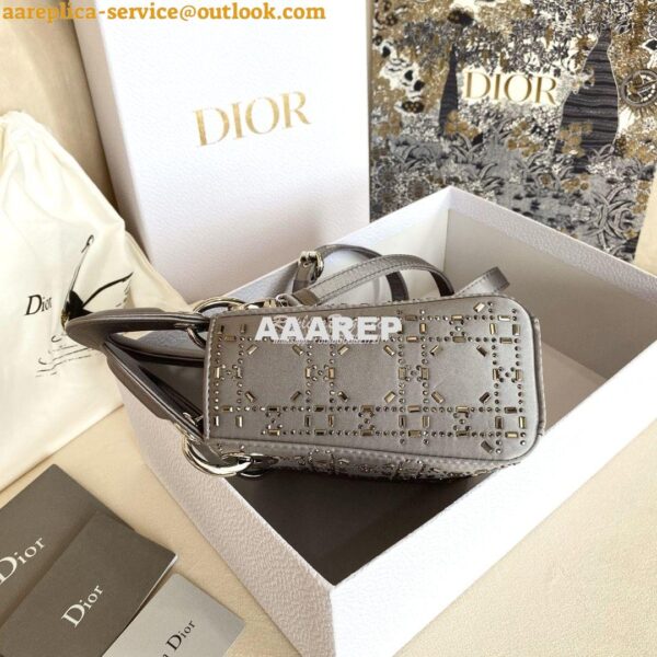 Replica Dior Mini Lady Dior Bag In Silver "Cannage" Satin With Rhinest 8