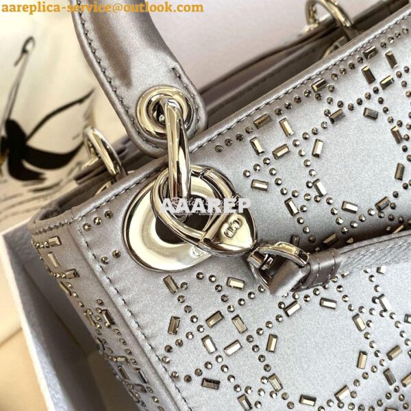 Replica Dior Mini Lady Dior Bag In Silver "Cannage" Satin With Rhinest 12