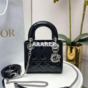 Replica Dior Mini Lady Dior Bag Patent Calfskin M0538 Black silver har