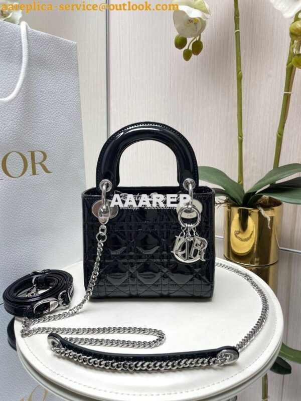 Replica Dior Mini Lady Dior Bag Patent Calfskin M0538 Black silver har 3