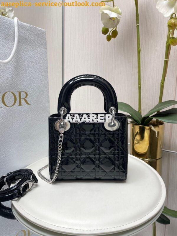 Replica Dior Mini Lady Dior Bag Patent Calfskin M0538 Black silver har 7